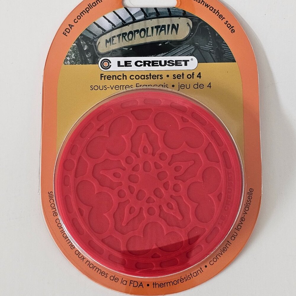 NIB LE CREUSET Cerise Red Silicone French Coasters 10cm Set of 4